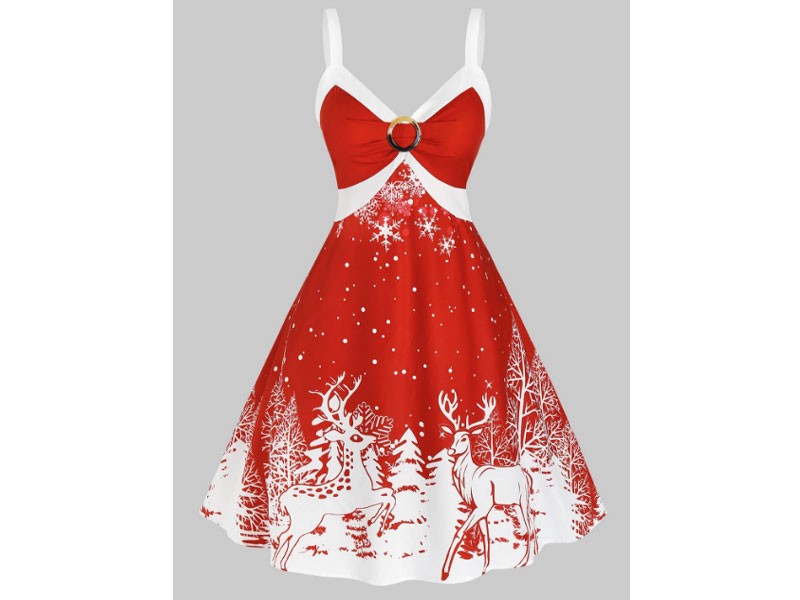 Plus Size Christmas Bicolor Elk Snowflake Print Dress For Women