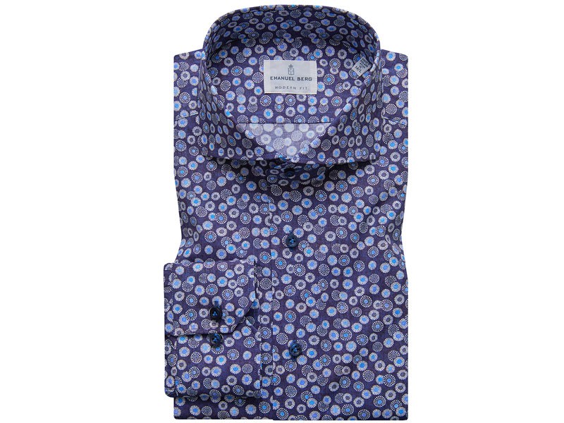 Emanuel Berg Fine Poplin Stretch Men's Printed Luxury Sport Shirt Navy Blue