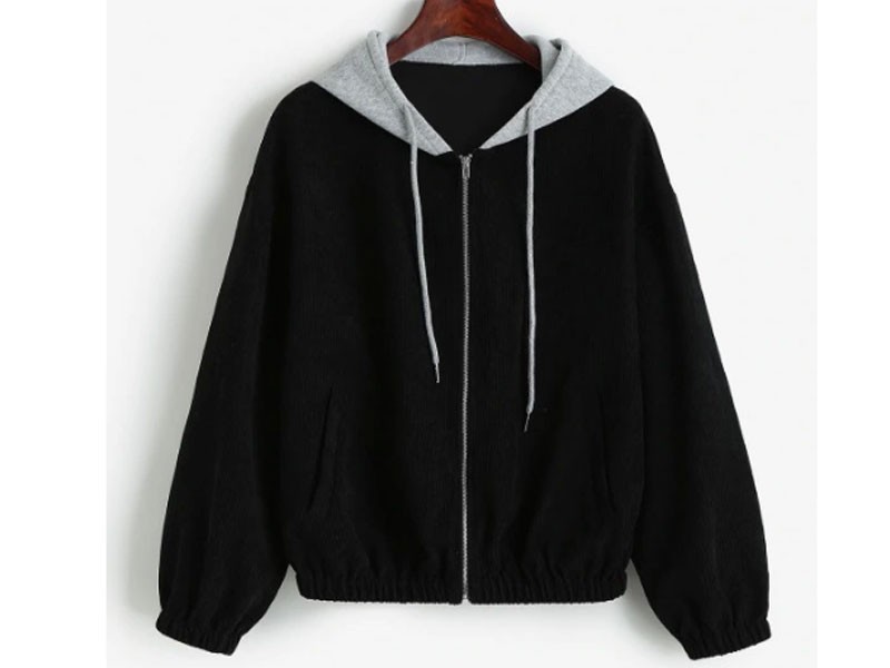 Women's Zaful Hooded Colorblock Corduroy Jacket Black