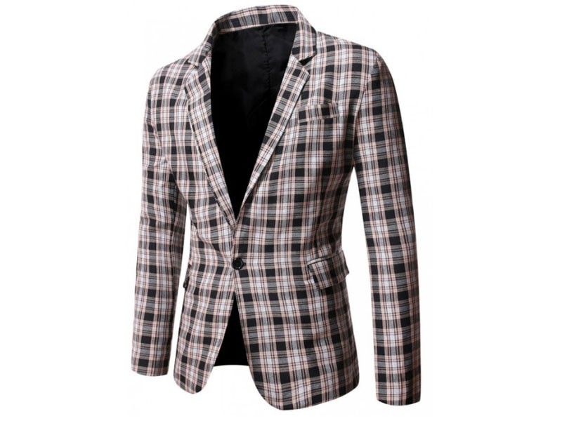 Plaid Side Slit Single Button Blazer For Men