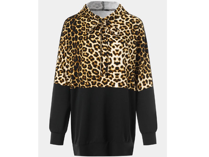 Women's Leopard Patchwork Drawstring Long Sleeves Hoodie