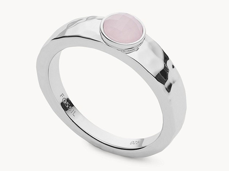 Fossil Hammered Silver Rose Quartz Sterling Silver Band Ring For Women