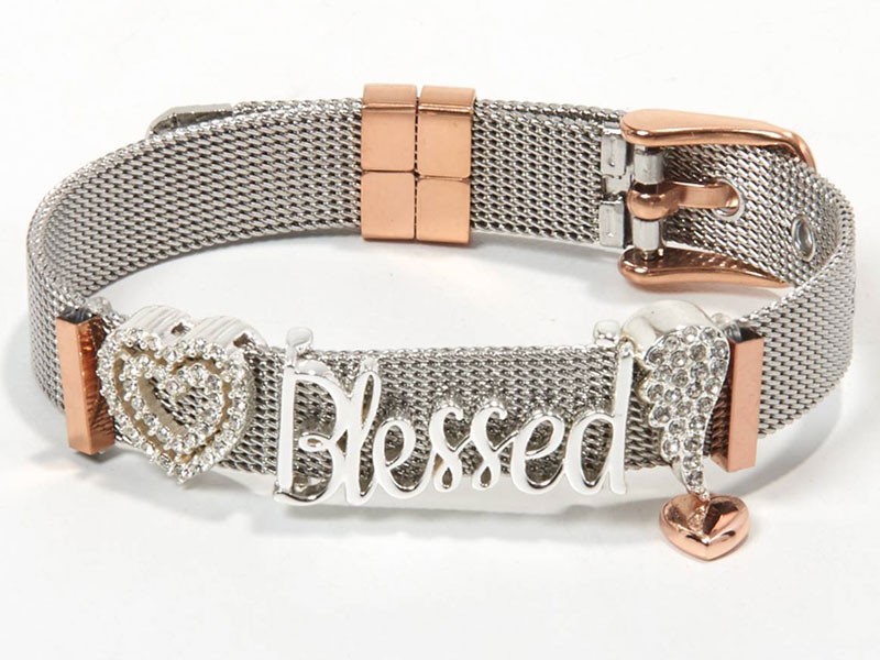 Women's Shine Blessed Crystal Heart & Angel Wing Mesh Bracelet