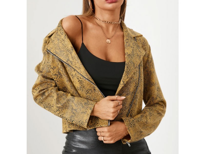 Women's Yoins Yellow Snakeskin Zip Design Lapel Collar Long Sleeves Jacket