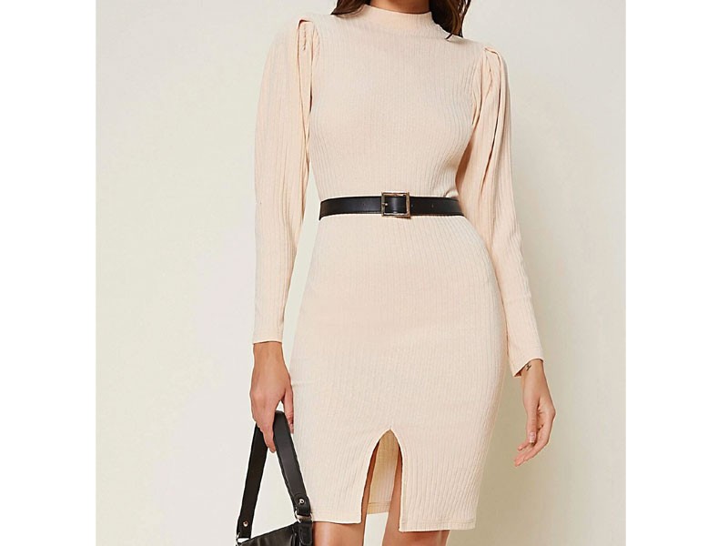 Shein Mock Neck Puff Sleeve Split Hem Dress Without Belt