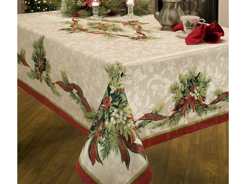 Benson Mills Christmas Ribbons Engineered Printed Fabric Tablecloth