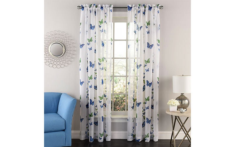 Butterflies Print Rod Pocket Semi Sheer Curtain Panel 