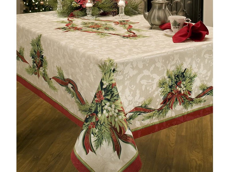 Benson Mills Christmas Ribbons Engineered Printed Fabric Tablecloth