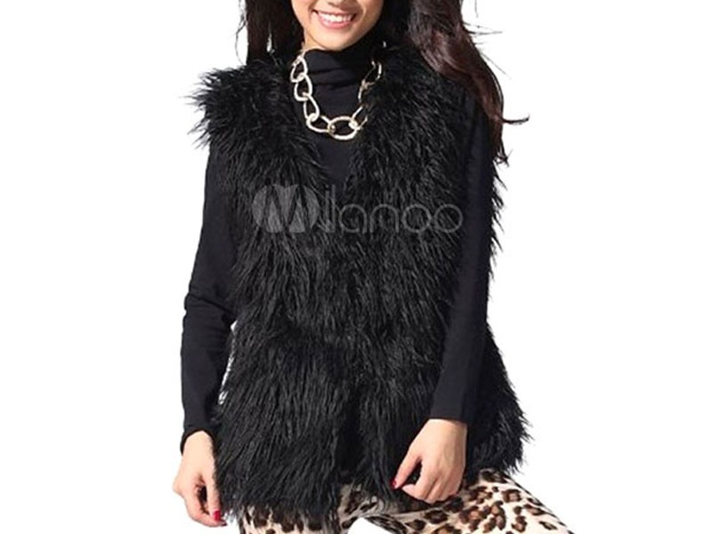 Black Faux Fur Vest Sleeveless Jacket For Women