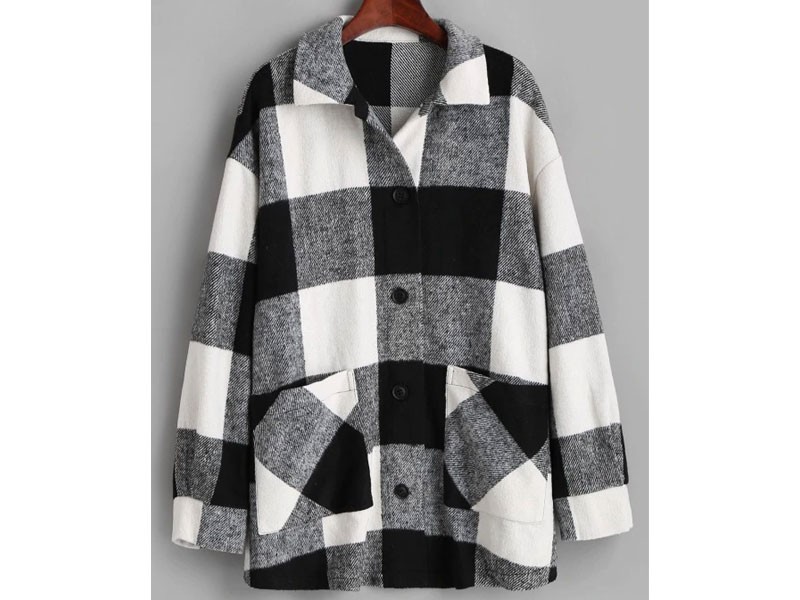 Zaful Plaid Button Up Oversized Wool Blend Coat Black For Men & Women