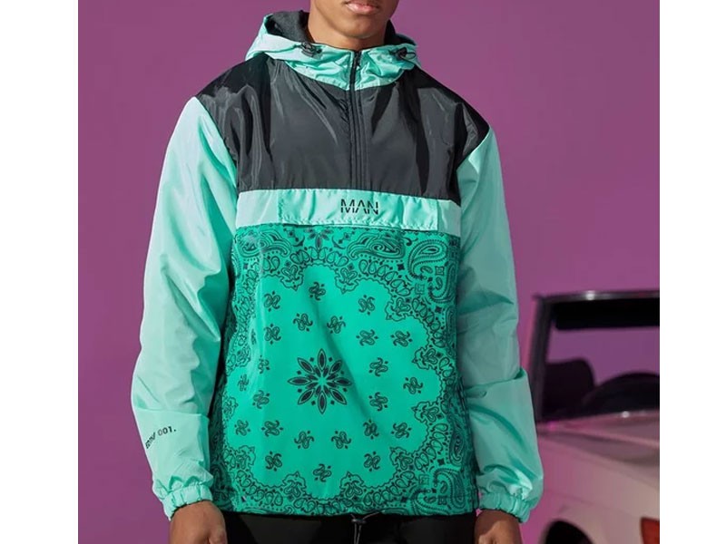 Colour Block Bandana Print Cagoule Hoodie For Men