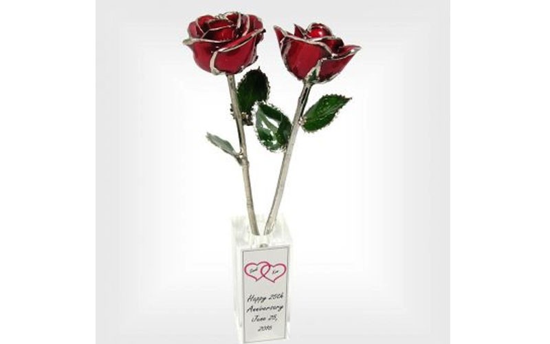 2 Silver Trim Roses in Personalized Crystal Vase