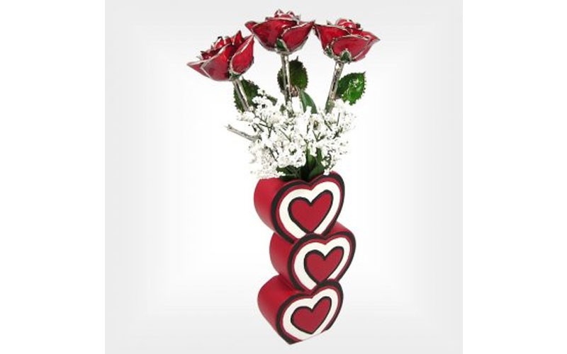 Past, Present, Future Silver Trim Roses & 3 Heart Vase