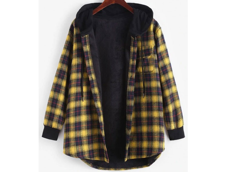 Women's Plaid Button Up Pocket Hooded Coat