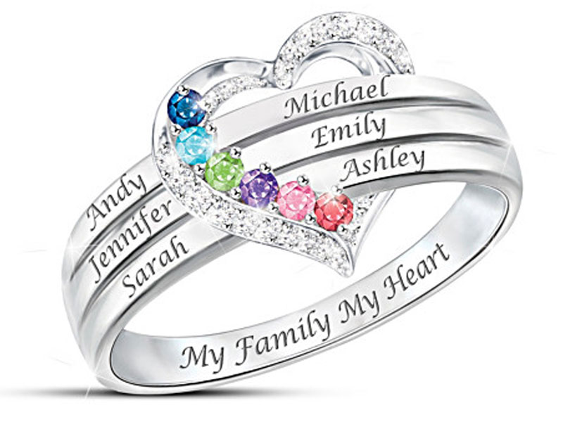 Women's My Family My Heart Name-Engraved Birthstone Ring