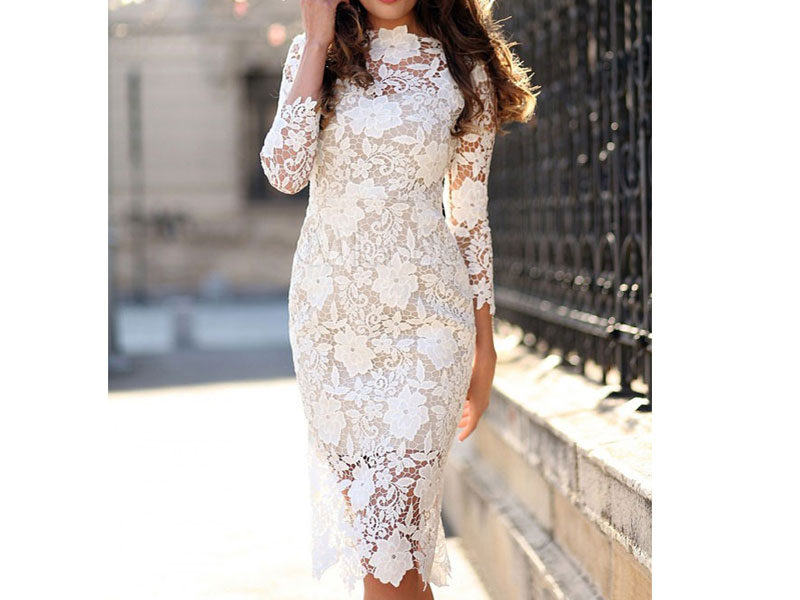 Women's White Dress Three Quarter Sleeve All Over Lace Dress