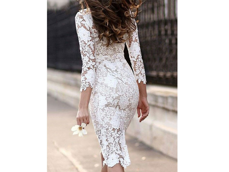 Women's White Dress Three Quarter Sleeve All Over Lace Dress