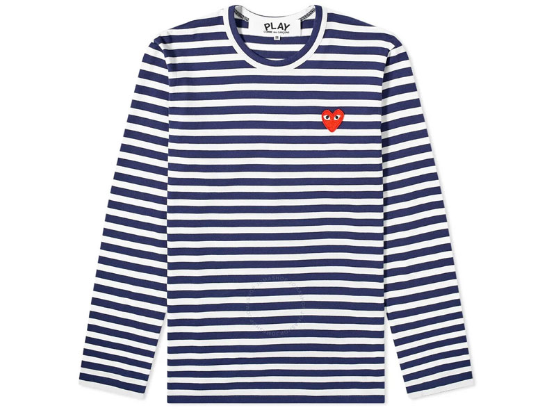 Comme Des Garcons Men's White Long Sleeve Heart Logo Stripe T-Shirt