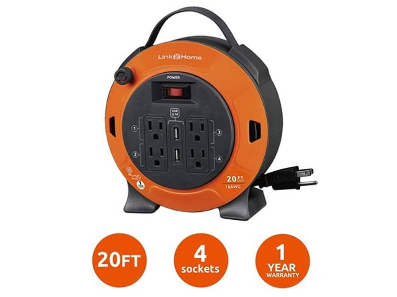 Link2Home 20' Extension Cord Reel With USB 4 Outlets