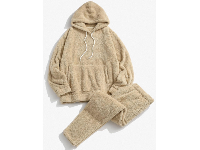 Solid Front Pocket Fluffy Hoodie And Pants Two Piece Set For Women