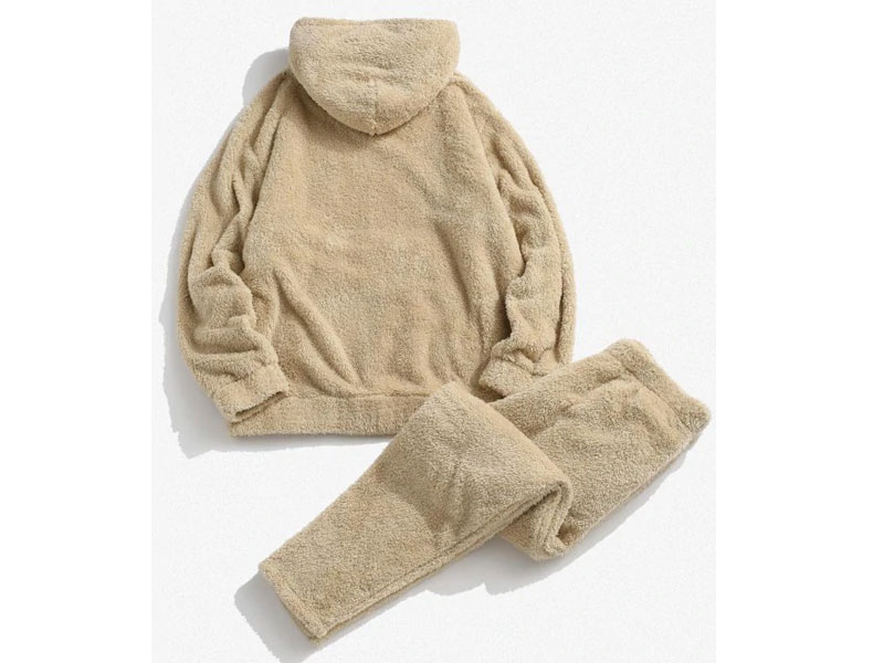 Solid Front Pocket Fluffy Hoodie And Pants Two Piece Set For Women