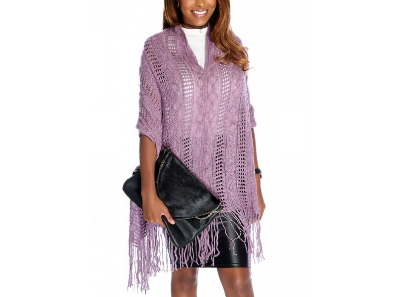 Women's Sexy Purple Open Knit Fringe Hem Loose Fit Poncho