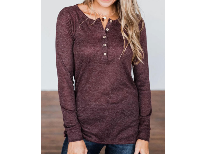 Women's Button O-Neck Raglan Sleeve Blouse Plum