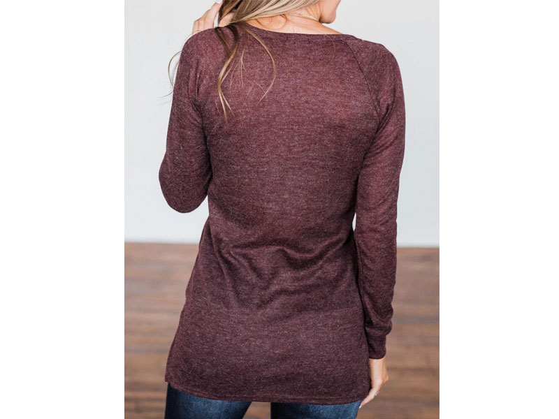 Women's Button O-Neck Raglan Sleeve Blouse Plum