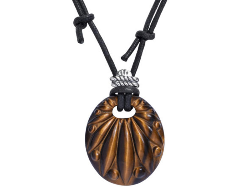 Women's Black Cord and Carved Tiger’s Eye Gemstone Adjustable Knot Necklace