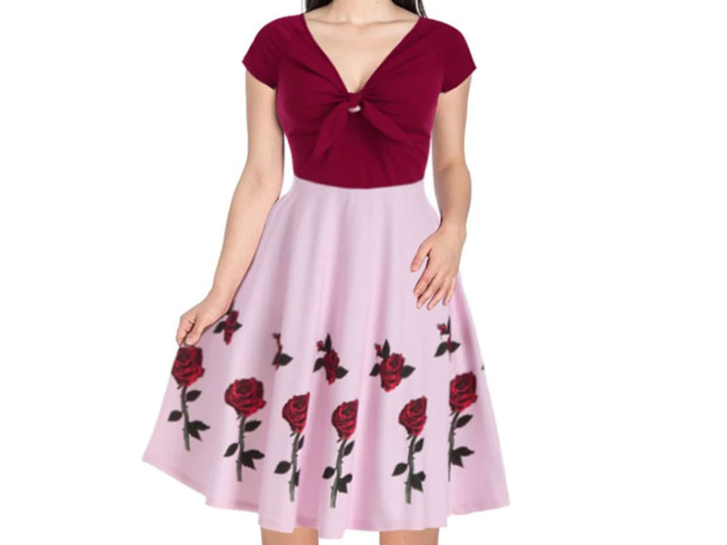 Women's Raglan Sleeve Rose Flower Print Contrast Dress
