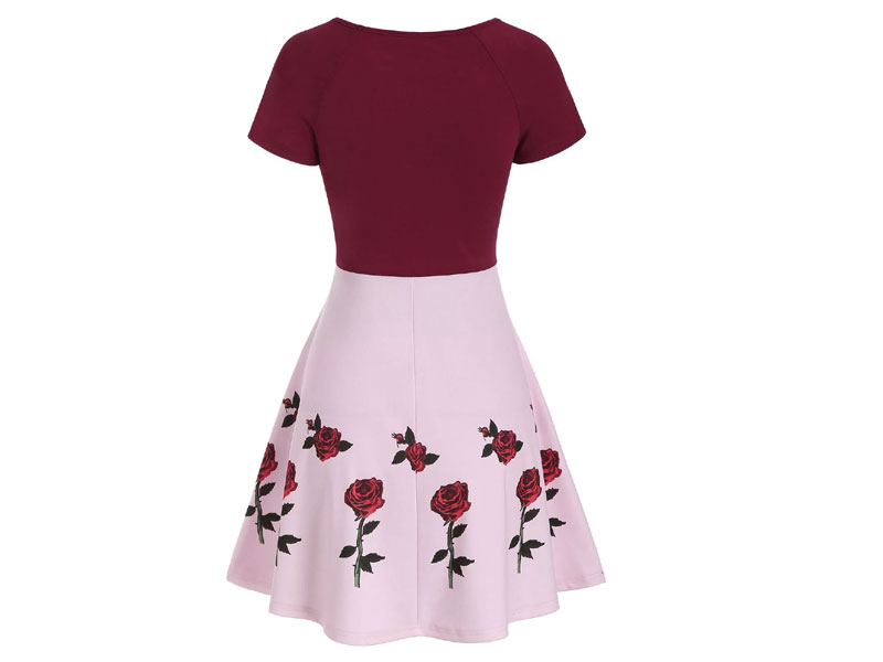 Women's Raglan Sleeve Rose Flower Print Contrast Dress