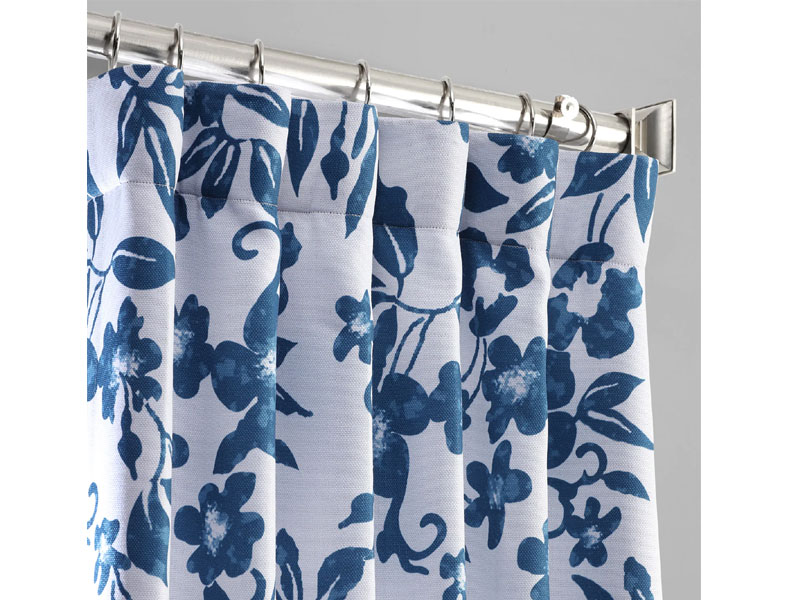 Temple Garden Blue Printed Linen Textured Blackout Curtain