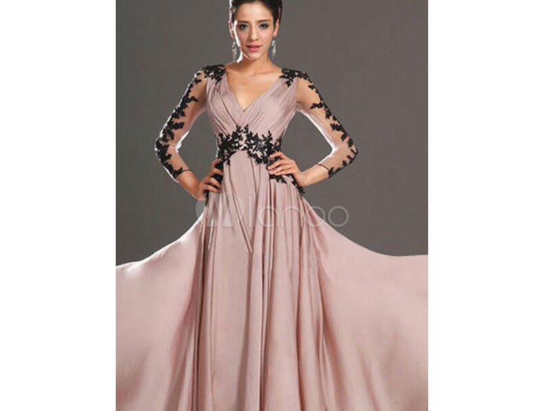 Pink Maxi Dress Chiffon Illusion Long Wrap Sleeve V Neck Prom Dress For Women