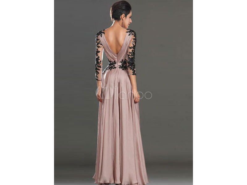 Pink Maxi Dress Chiffon Illusion Long Wrap Sleeve V Neck Prom Dress For Women