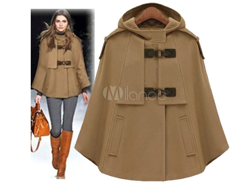 Women's Poncho Camel Stand Collar Buttons Polyester Cape Academic Outerwear