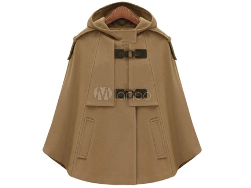 Women's Poncho Camel Stand Collar Buttons Polyester Cape Academic Outerwear