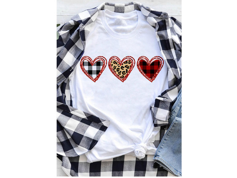 Women's Plaid Leopard Printed Heart T-Shirt Tee White