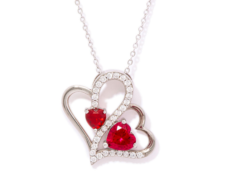Women's Lab Ruby and Cubic Zirconia Double Heart Pendant