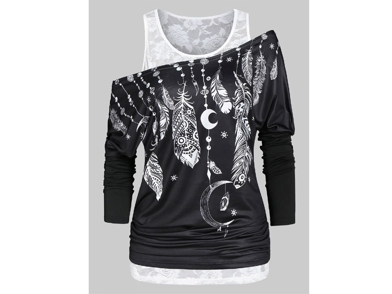 Women's Printed Skew Collar T Shirt with Lace Tank Top