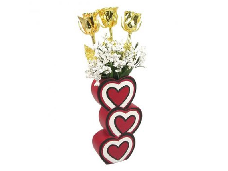 Past Present & Future Gold Roses in 3 Heart Vase