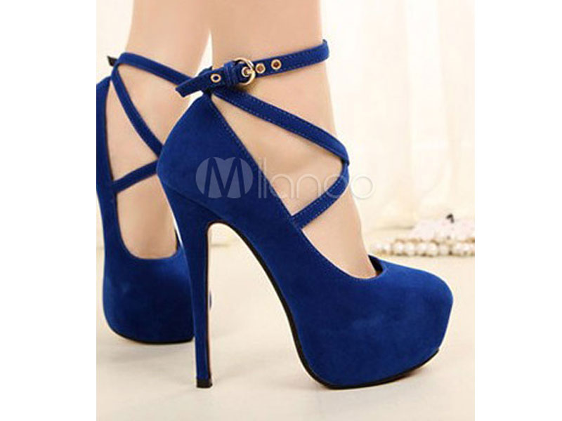 Women's Blue Platform Pumps Suede Round Toe Criss Cross Strap Stiletto Heels