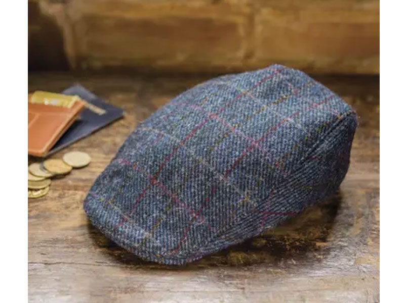 Men's Navy Wool Windowpane Tweed Touring Cap Pride Of Donegal