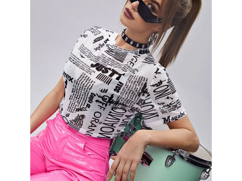 Women's Shein Newspaper Print Crop Tee