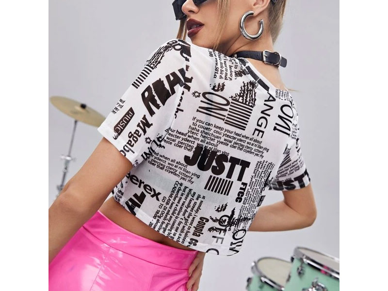 Women's Shein Newspaper Print Crop Tee