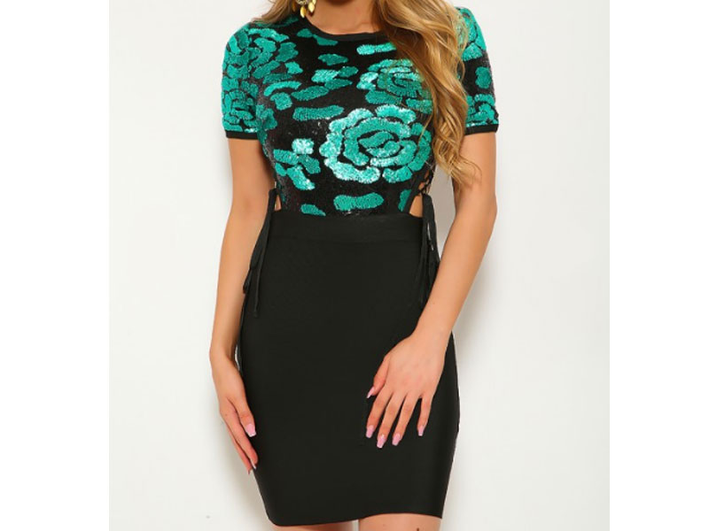 Women's Black Jade Sequins Short Sleeve Bandage Dress