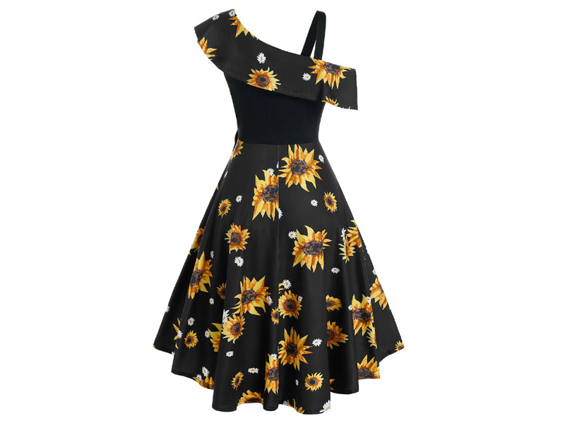 Women's Printed Sunflower O Ring Belt A Line Dress