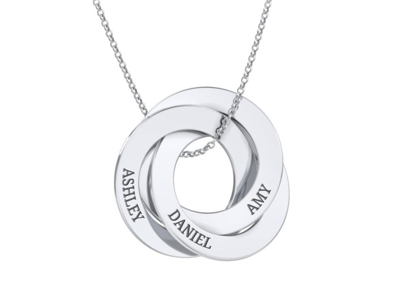 Women's Jewlr Engraved 3 Interlocking Russian Rings Necklace