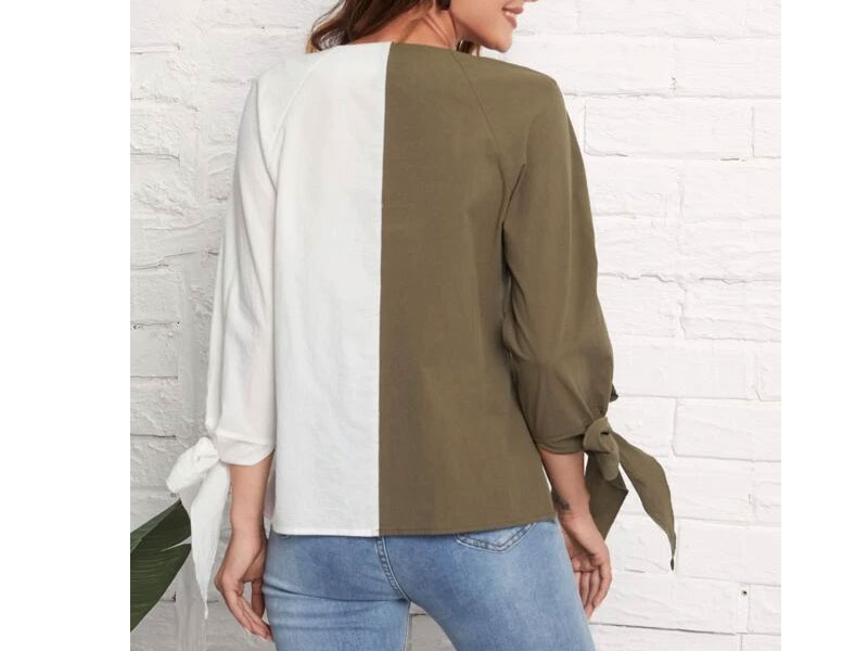 Women's Knotted Cuff Button Front Spliced Blouse