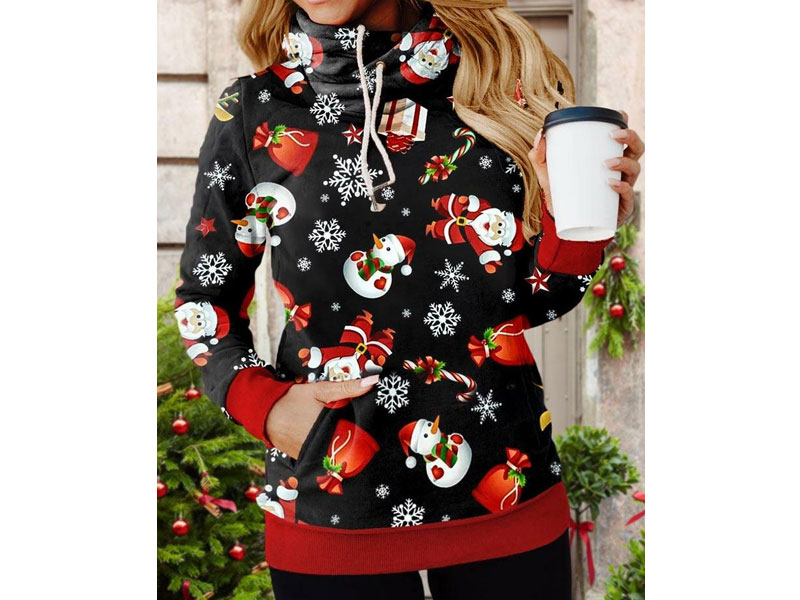 Women's Christmas Snowman Snowflake Santa Claus Drawstring Hoodie