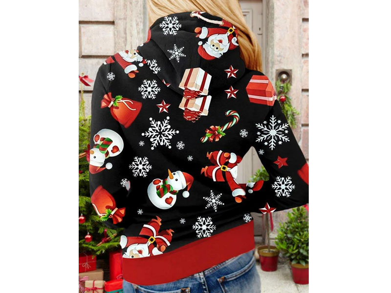 Women's Christmas Snowman Snowflake Santa Claus Drawstring Hoodie